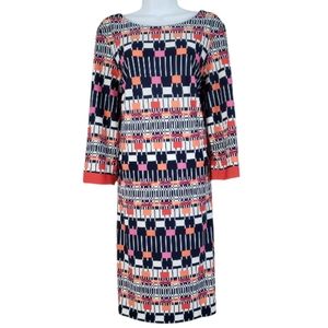 NWOT Leslie Fay  black white orange & pink geometric print sheath dress Women 14
